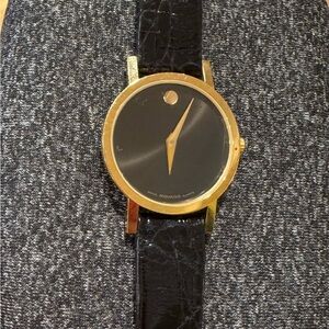 Vintage Movado museum watch crocodile strap black and gold